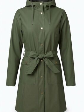 Rains Women’s Curve Long Hooded Tie-Waist Raincoat Jacket - Olive Small